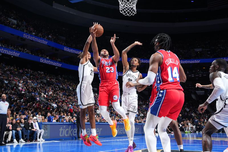 PHILADELPHIA, PA - NOVEMBER 22: Eric Gordon #23 of the Philadelphia 76ers drives to the basket during the game against the Brooklyn Nets during the Emirates NBA Cup game on November 22, 2024 at the Wells Fargo Center in Philadelphia, Pennsylvania NOTE TO USER: User expressly acknowledges and agrees that, by downloading and/or using this Photograph, user is consenting to the terms and conditions of the Getty Images License Agreement. Mandatory Copyright Notice: Copyright 2024 NBAE (Photo by Jesse D. Garrabrant/NBAE via Getty Images)