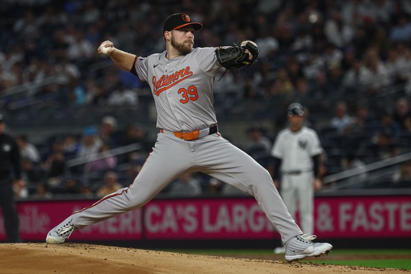 Sep 26, 2024; Bronx, New York, USA; Baltimore Orioles starting pitcher Corbin Burnes (39) delivers a pitch during the first inning against the New York Yankees at Yankee Stadium. Mandatory Credit: Vincent Carchietta-Imagn Images