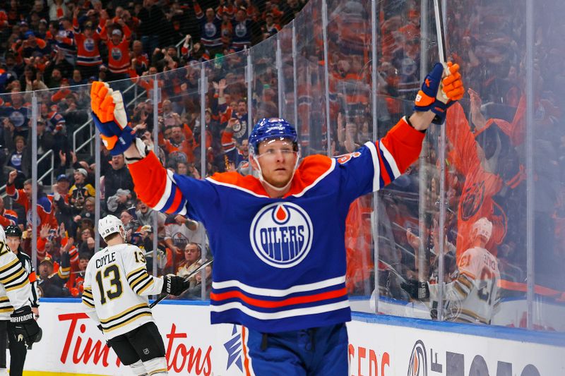 Feb 21, 2024; Edmonton, Alberta, CAN; Edmonton Oilers forward Corey Perry (90) celebrates after scoring a goal during the third period  against the Boston Bruins at Rogers Place. Mandatory Credit: Perry Nelson-USA TODAY Sports