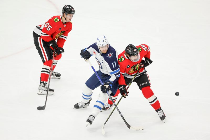 Feb 23, 2024; Chicago, Illinois, USA; Chicago Blackhawks defenseman Kevin Korchinski (55) and center Connor Bedard (98) battle for the puck with Winnipeg Jets center Adam Lowry (17) during the second period at United Center. Mandatory Credit: Kamil Krzaczynski-USA TODAY Sports