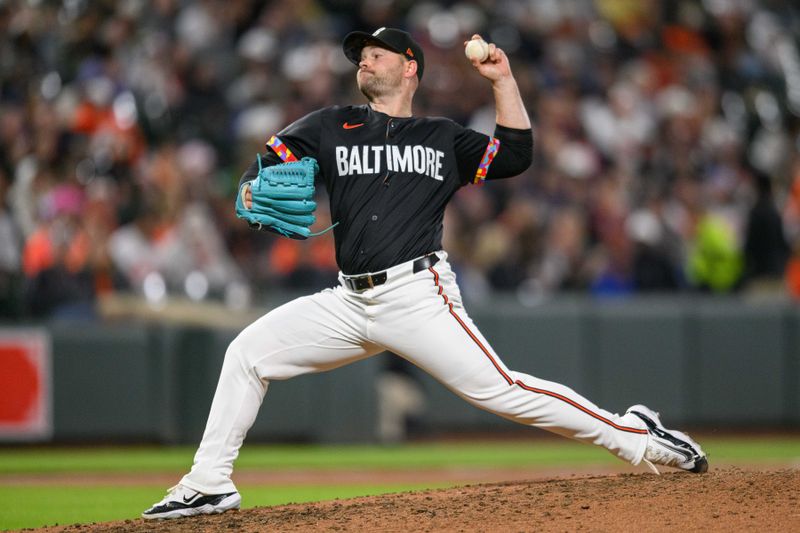 Apr 26, 2024; Baltimore, Maryland, USA; Baltimore Orioles pitcher Danny Coulombe (54) throws a pitch during the seventh inning against the Oakland Athletics at Oriole Park at Camden Yards. Mandatory Credit: Reggie Hildred-USA TODAY Sports