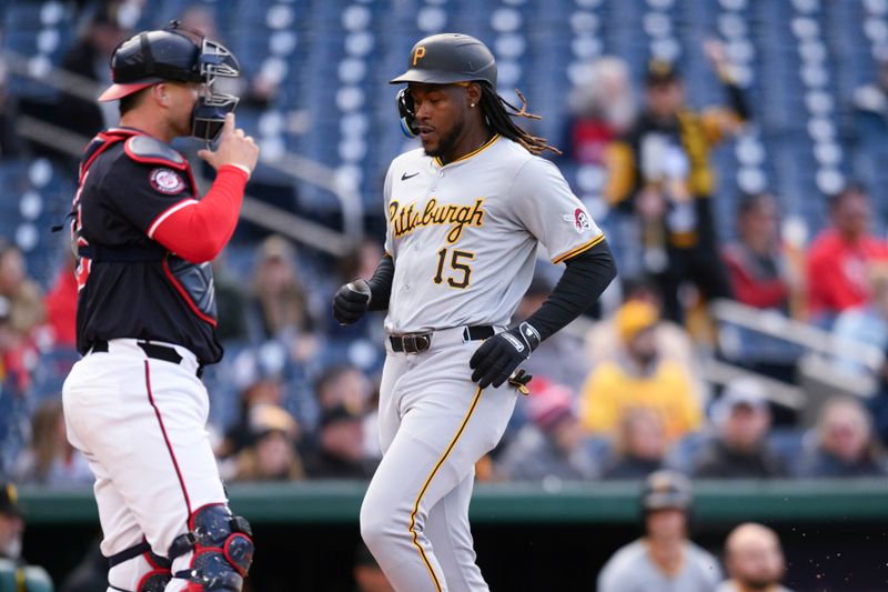 Apr 4, 2024; Washington, District of Columbia, USA; Pittsburgh Pirates shortstop Oneil Cruz (15) scores a run during the first inning against the Washington Nationals at Nationals Park. Mandatory Credit: Reggie Hildred-USA TODAY Sports