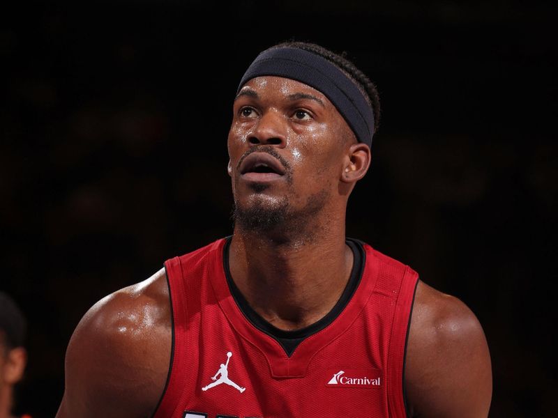 NEW YORK, NY - JANUARY 27: Jimmy Butler #22 of the Miami Heat prepares to shoot a free throw against the New York Knicks on January 27, 2024 at Madison Square Garden in New York City, New York.  NOTE TO USER: User expressly acknowledges and agrees that, by downloading and or using this photograph, User is consenting to the terms and conditions of the Getty Images License Agreement. Mandatory Copyright Notice: Copyright 2024 NBAE  (Photo by Nathaniel S. Butler/NBAE via Getty Images)