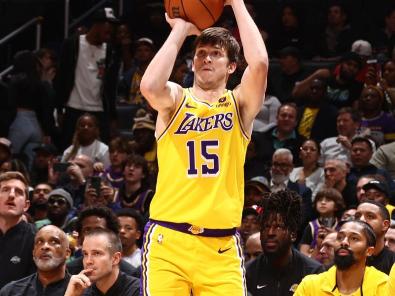 WASHINGTON, DC -? APRIL 4: Austin Reaves #15 of the Los Angeles Lakers shoots the ball during the game against the Washington Wizards on April 4, 2024 at Capital One Arena in Washington, DC. NOTE TO USER: User expressly acknowledges and agrees that, by downloading and or using this Photograph, user is consenting to the terms and conditions of the Getty Images License Agreement. Mandatory Copyright Notice: Copyright 2024 NBAE (Photo by Kenny Giarla/NBAE via Getty Images)