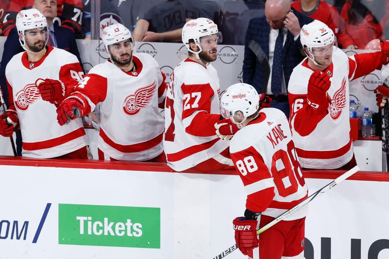 Dec 20, 2023; Winnipeg, Manitoba, CAN; Detroit Red Wings right wing Patrick Kane (88) celebrates his third period goal against the Winnipeg Jets at Canada Life Centre. Mandatory Credit: James Carey Lauder-USA TODAY Sports