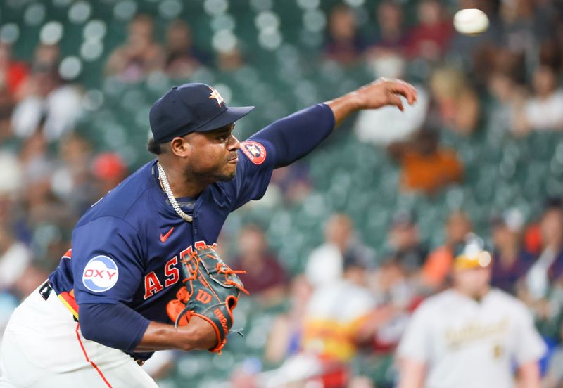 May 15, 2024; Houston, Texas, USA; Houston Astros pitcher Framber Valdez (59) pitches against the Oakland Athletics in the first inning at Minute Maid Park. Mandatory Credit: Thomas Shea-USA TODAY Sports