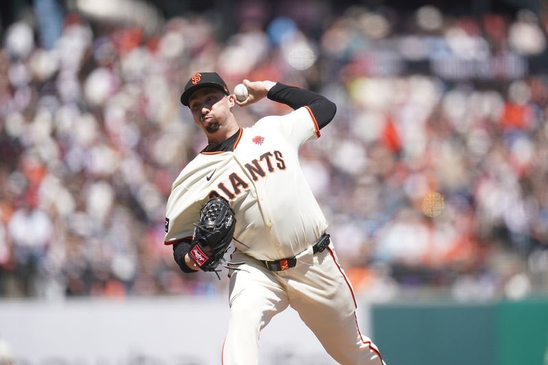 May 27, 2024; San Francisco, California, USA; San Francisco Giants starting pitcher Blake Snell (7) delivers a pitch against the Philadelphia Phillies in the third inning at Oracle Park. Mandatory Credit: Cary Edmondson-USA TODAY Sports