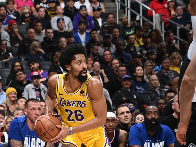 LOS ANGELES, CA - FEBRUARY 28: Spencer Dinwiddie #26 of the Los Angeles Lakers handles the ball during the game against the LA Clippers on February 28, 2024 at Crypto.Com Arena in Los Angeles, California. NOTE TO USER: User expressly acknowledges and agrees that, by downloading and/or using this Photograph, user is consenting to the terms and conditions of the Getty Images License Agreement. Mandatory Copyright Notice: Copyright 2024 NBAE (Photo by Andrew D. Bernstein/NBAE via Getty Images)