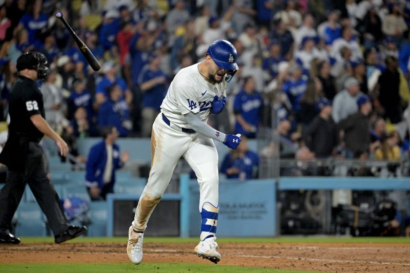 Sep 26, 2024; Los Angeles, California, USA;  Los Angeles Dodgers center fielder Andy Pages (44) celebrates as he runs the bases after hitting a two-run home run off San Diego Padres relief pitcher Bryan Hoeing (78) in the seventh inning at Dodger Stadium. Mandatory Credit: Jayne Kamin-Oncea-Imagn Images