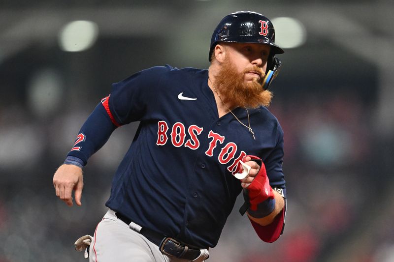 Jun 6, 2023; Cleveland, Ohio, USA; Boston Red Sox designated hitter Justin Turner (2) advances to third on a single during the eighth inning against the Cleveland Guardians at Progressive Field. Mandatory Credit: Ken Blaze-USA TODAY Sports