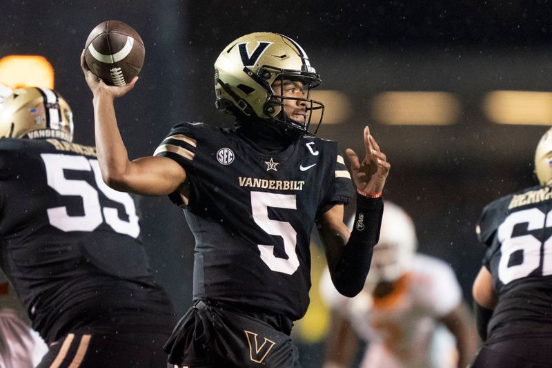 Nov 26, 2022; Nashville, Tennessee, USA;   
Vanderbilt Commodores quarterback Mike Wright (5) throws a pass against Tennessee Volunteers during the first quarter at FirstBank Stadium. Mandatory Credit: George Walker IV - USA TODAY Sports