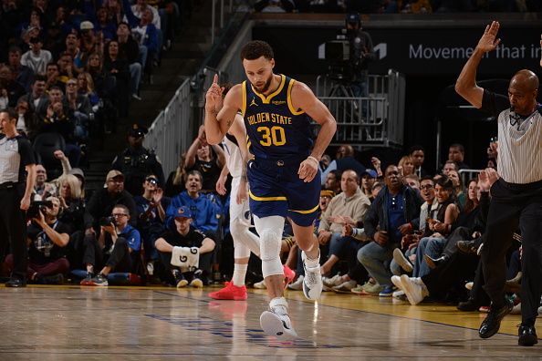 SAN FRANCISCO, CA - DECEMBER 30: Stephen Curry #30 of the Golden State Warriors celebrates during the game against the Dallas Mavericks on December 30, 2023 at Chase Center in San Francisco, California. NOTE TO USER: User expressly acknowledges and agrees that, by downloading and or using this photograph, user is consenting to the terms and conditions of Getty Images License Agreement. Mandatory Copyright Notice: Copyright 2023 NBAE (Photo by Noah Graham/NBAE via Getty Images)