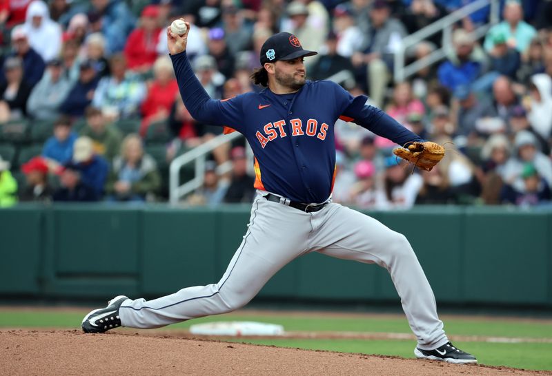 Mar 15, 2023; North Port, Florida, USA;  Houston Astros pitcher Bryan Garcia (35) throws a pitch against the Atlanta Bravesd during the first inning at CoolToday Park. Mandatory Credit: Kim Klement-USA TODAY Sports