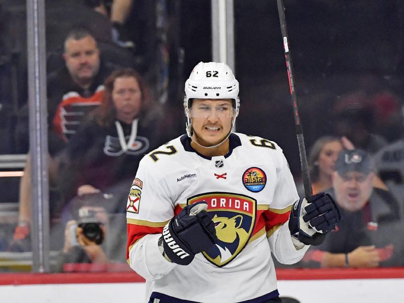 Oct 27, 2022; Philadelphia, Pennsylvania, USA; Florida Panthers defenseman Brandon Montour (62) celebrates his goal against the Philadelphia Flyers during the third period at Wells Fargo Center. Mandatory Credit: Eric Hartline-USA TODAY Sports