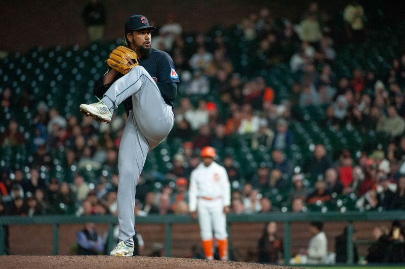 Sep 12, 2023; San Francisco, California, USA; Cleveland Guardians relief pitcher Emmanuel Clase (48) throws a pitch during the ninth inning against the San Francisco Giants at Oracle Park. Mandatory Credit: Ed Szczepanski-USA TODAY Sports