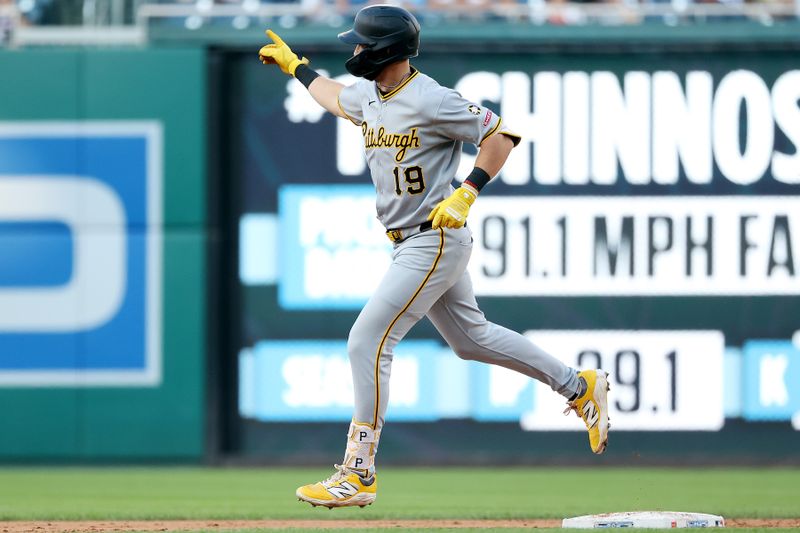 Sep 13, 2025; Washington, District of Columbia, USA; Pittsburgh Pirates shortstop Jared Triolo (19) celebrates after hitting a home run during the ninth inning against the Washington Nationals at Nationals Park. Mandatory Credit: Daniel Kucin Jr.-Imagn Images