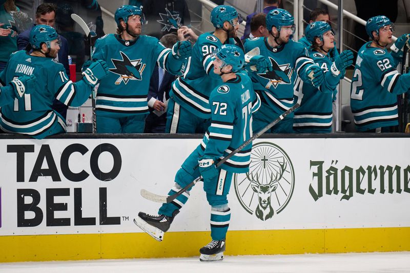 Dec 12, 2023; San Jose, California, USA; San Jose Sharks left wing William Eklund (72) shakes hands with his teammates on the bench after scoring a power play goal against the Winnipeg Jets during the third period at SAP Center at San Jose. Mandatory Credit: Robert Edwards-USA TODAY Sports