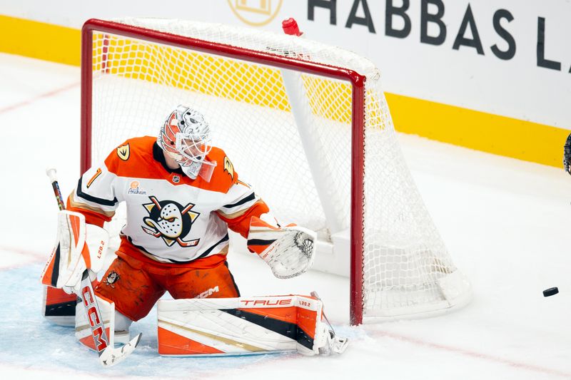 Oct 12, 2024; San Jose, California, USA; Anaheim Ducks goaltender Lukas Dostal (1) watches a shot on goal by the San Jose Sharks go wide during the third period at SAP Center at San Jose. Mandatory Credit: D. Ross Cameron-Imagn Images