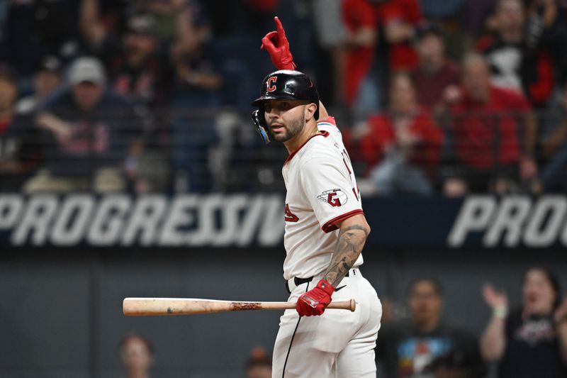 Sep 27, 2025; Cleveland, Ohio, USA; Cleveland Guardians first baseman CJ Kayfus (63) celebrates after being by a pitch with the bases loaded to win the game against the Texas Rangers during the ninth inning at Progressive Field. Mandatory Credit: Ken Blaze-Imagn Images