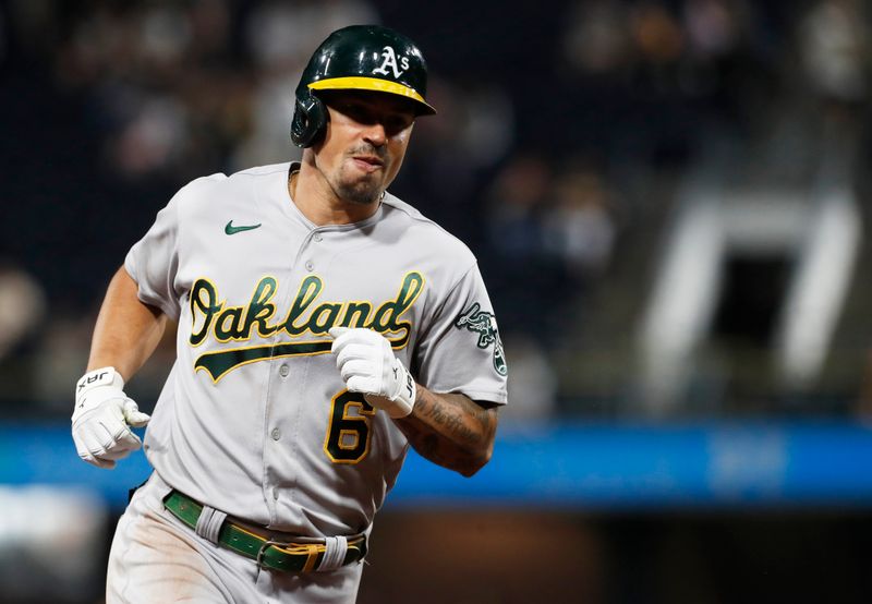 Jun 6, 2023; Pittsburgh, Pennsylvania, USA; Oakland Athletics second baseman Jace Peterson (6) runs the bases after hitting his second two run home run of the game against the Pittsburgh Pirates during the ninth inning at PNC Park. Oakland won 11-2. Mandatory Credit: Charles LeClaire-USA TODAY Sports