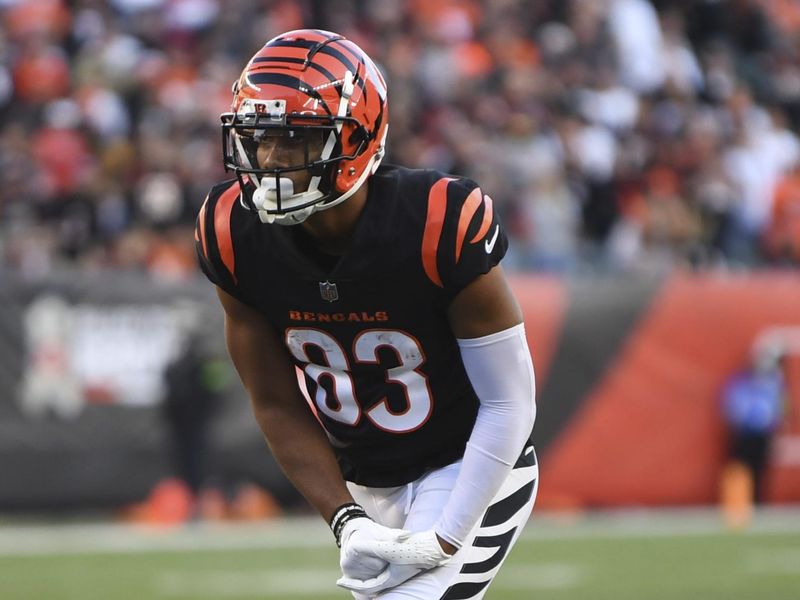 Cincinnati Bengals wide receiver Tyler Boyd (83) lines up for the play during an NFL football game against the Houston Texans on Sunday, Nov. 12, 2023, in Cincinnati. (AP Photo/Emilee Chinn)