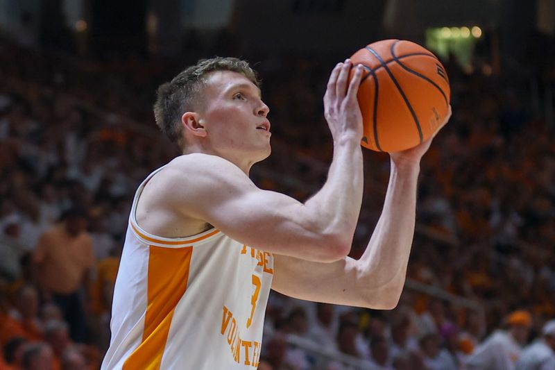 Feb 24, 2024; Knoxville, Tennessee, USA; Tennessee Volunteers guard Dalton Knecht (3) shoots the ball against the Texas A&M Aggies during the first half at Thompson-Boling Arena at Food City Center. Mandatory Credit: Randy Sartin-USA TODAY Sports