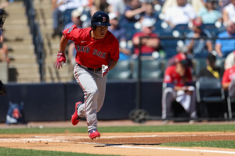Mar 18, 2025; Tampa, Florida, USA; Boston Red Sox outfielder Masataka Yoshida (7) runs to first base against the New York Yankees in the first inning  during spring training at George M. Steinbrenner Field. Mandatory Credit: Nathan Ray Seebeck-Imagn Images