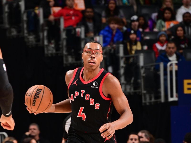 DETROIT, MI - NOVEMBER 24: Scottie Barnes #4 of the Toronto Raptors dribbles the ball during the game against the Detroit Pistons on November 24, 2024 at Little Caesars Arena in Detroit, Michigan. NOTE TO USER: User expressly acknowledges and agrees that, by downloading and/or using this photograph, User is consenting to the terms and conditions of the Getty Images License Agreement. Mandatory Copyright Notice: Copyright 2024 NBAE (Photo by Chris Schwegler/NBAE via Getty Images)