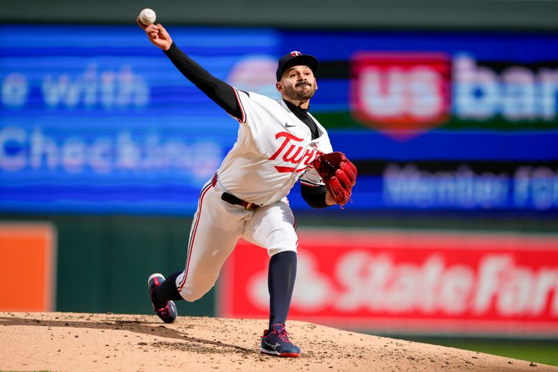 Apr 4, 2024; Minneapolis, Minnesota, USA; Minnesota Twins starting pitcher Pablo Lopez (49) delivers a pitch during the fourth inning against the Cleveland Guardians at Target Field. Mandatory Credit: Jordan Johnson-USA TODAY Sports