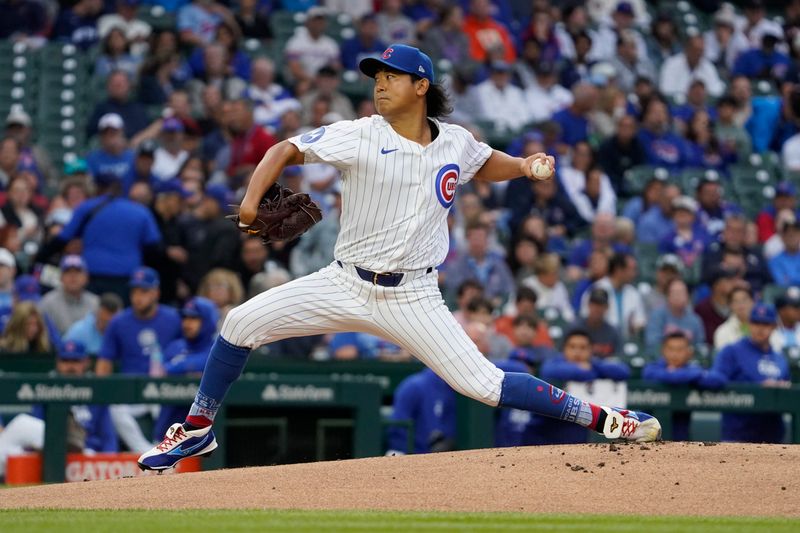 Aug 6, 2024; Chicago, Illinois, USA; Chicago Cubs pitcher Shota Imanaga (18) throws the ball against the Minnesota Twins during the first inning at Wrigley Field. Mandatory Credit: David Banks-USA TODAY Sports