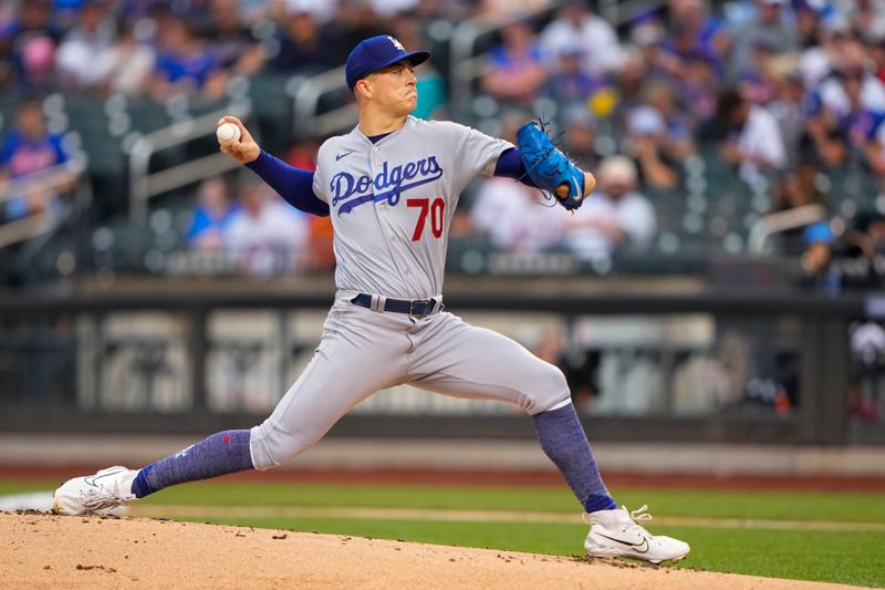 Jul 16, 2023; New York City, New York, USA; Los Angeles Dodgers pitcher Bobby Miller (70) delivers a pitch against the New York Mets during the first inning at Citi Field. Mandatory Credit: Gregory Fisher-USA TODAY Sports