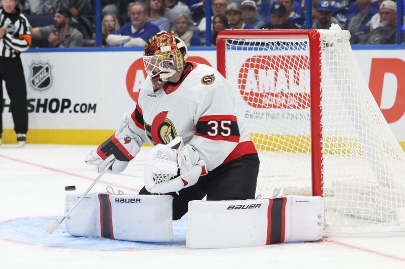 Oct 9, 2025; Tampa, Florida, USA; Ottawa Senators goaltender Linus Ullmark (35) defends the goal against the Tampa Bay Lightning during the first period at Benchmark International Arena. Mandatory Credit: Kim Klement Neitzel-Imagn Images