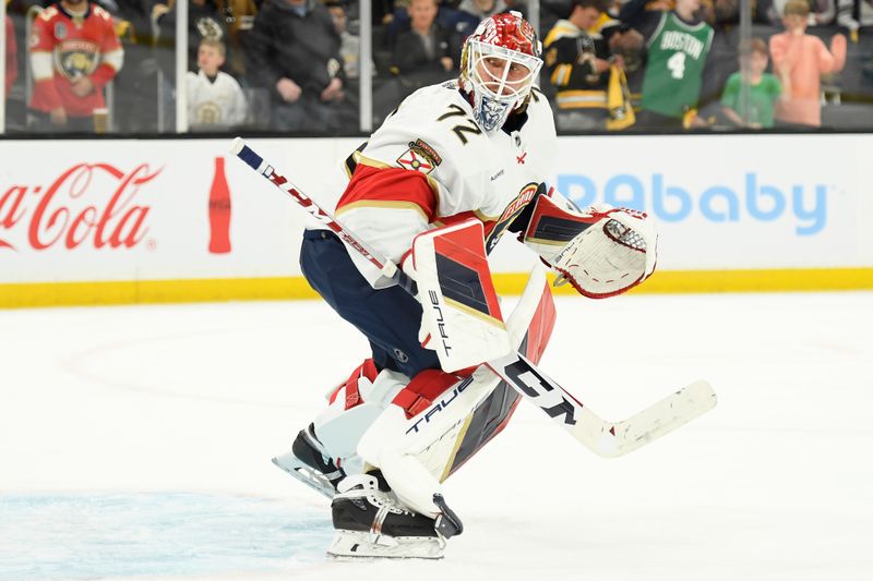 May 12, 2024; Boston, Massachusetts, USA; Florida Panthers goaltender Sergei Bobrovsky (72) deflects a puck during warmups prior to game four of the second round of the 2024 Stanley Cup Playoffs against the Boston Bruins at TD Garden. Mandatory Credit: Bob DeChiara-USA TODAY Sports