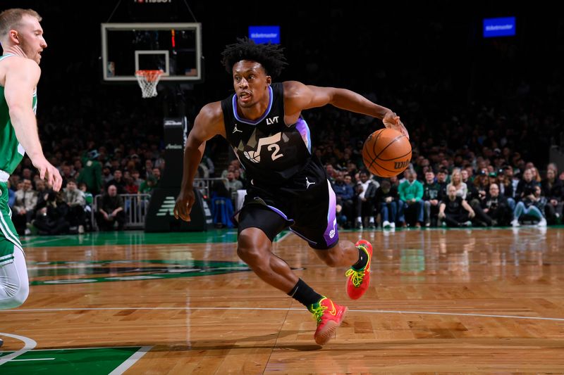 BOSTON, MA - MARCH 10: Collin Sexton #2 of the Utah Jazz drives to the basket during the game against the Boston Celtics on March 10, 2025 at TD Garden in Boston, Massachusetts. NOTE TO USER: User expressly acknowledges and agrees that, by downloading and/or using this Photograph, user is consenting to the terms and conditions of the Getty Images License Agreement. Mandatory Copyright Notice: Copyright 2025 NBAE (Photo by Brian Babineau/NBAE via Getty Images)