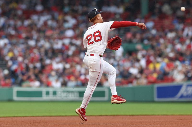 May 4, 2025; Boston, Massachusetts, USA; Boston Red Sox second baseman Kristian Campbell (28) throws to first during the fourth inning against the Minnesota Twins at Fenway Park. Mandatory Credit: Paul Rutherford-Imagn Images