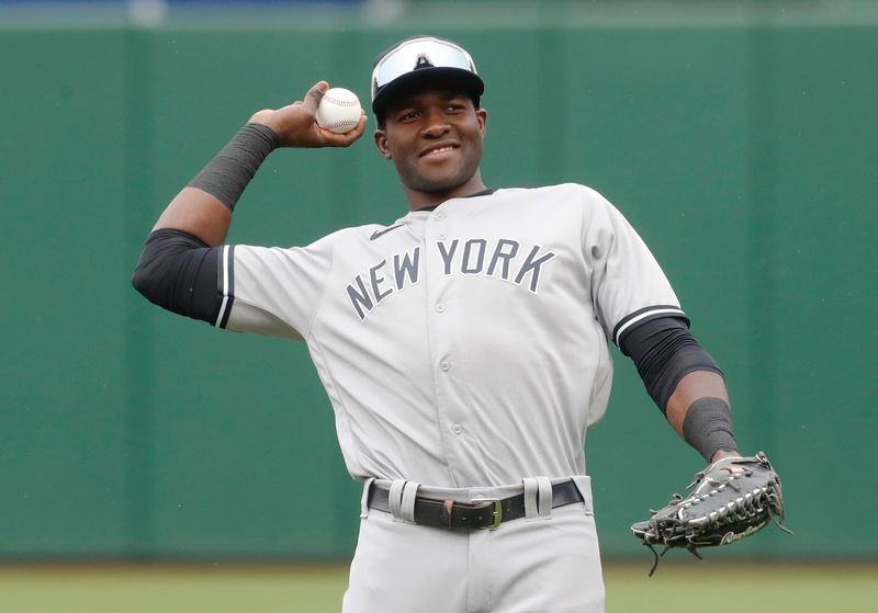 Sep 17, 2023; Pittsburgh, Pennsylvania, USA; New York Yankees center fielder Estevan Florial (90) warms up before the game against the Pittsburgh Pirates at PNC Park. Mandatory Credit: Charles LeClaire-USA TODAY Sports