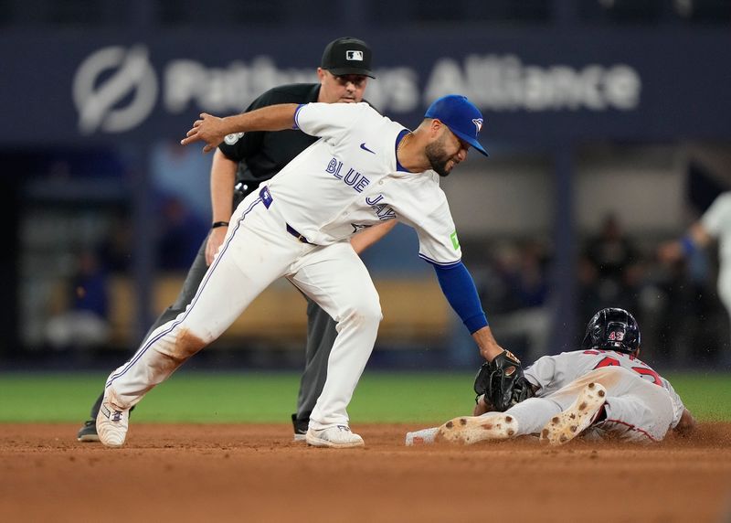 Jun 18, 2024; Toronto, Ontario, CAN; Boston Red Sox shortstop Ceddanne Rafaela (43) steals second base against Toronto Blue Jays shortstop Isiah Kiner-Falefa (7) during the eighth inning at Rogers Centre. Mandatory Credit: John E. Sokolowski-USA TODAY Sports