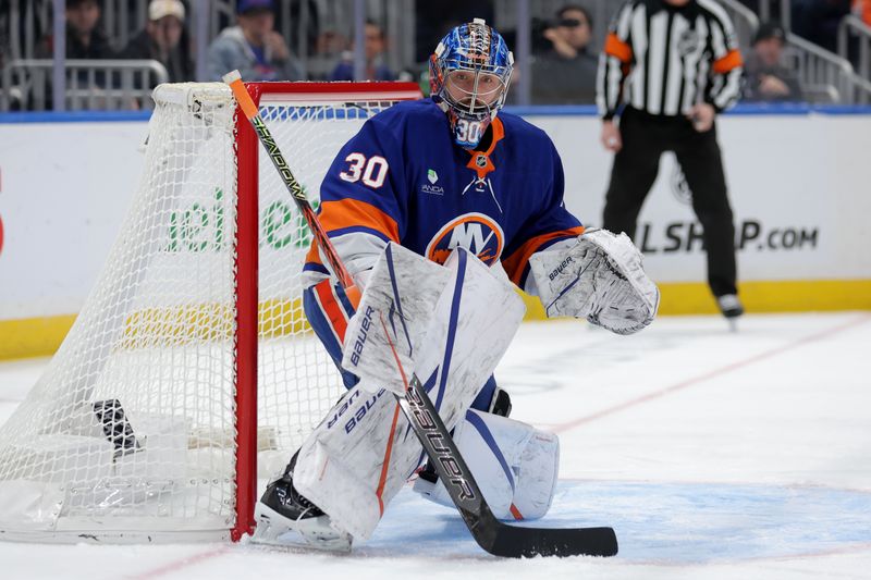 Nov 4, 2025; Elmont, New York, USA; New York Islanders goaltender Ilya Sorokin (30) tends net against the Boston Bruins during the first period at UBS Arena. Mandatory Credit: Brad Penner-Imagn Images