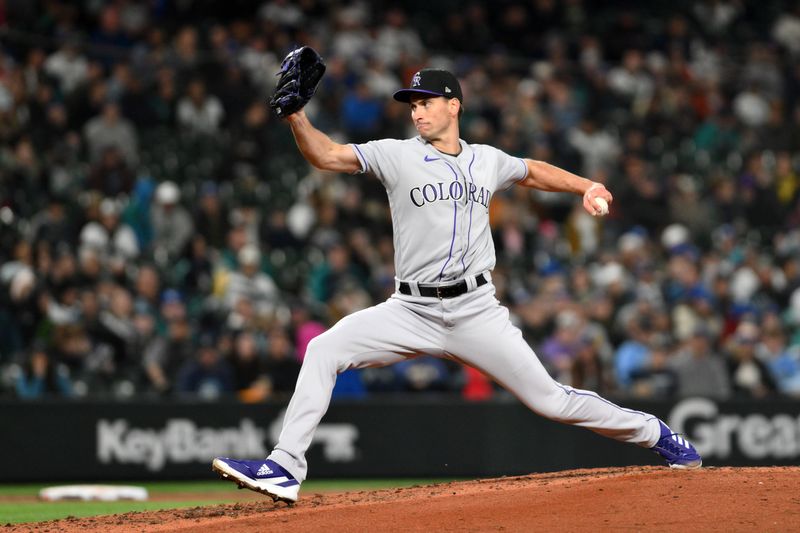 Apr 15, 2023; Seattle, Washington, USA; Colorado Rockies relief pitcher Brent Suter (39) pitches to the Seattle Mariners during the fifth inning at T-Mobile Park. Mandatory Credit: Steven Bisig-USA TODAY Sports