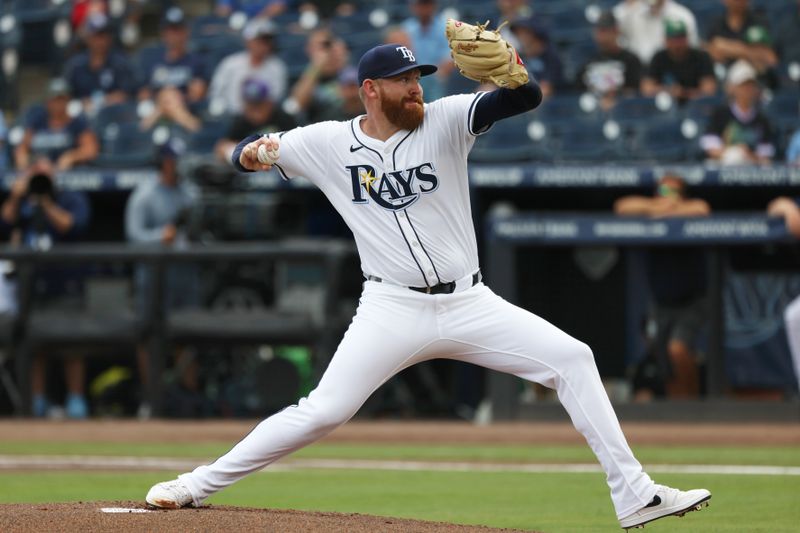 Apr 10, 2025; Tampa, Fl, USA;  Tampa Bay Rays starting pitcher Zack Littell (52) throws a pitch against the Los Angeles Angels during the first inning at George M. Steinbrenner Field. Mandatory Credit: Kim Klement Neitzel-Imagn Images