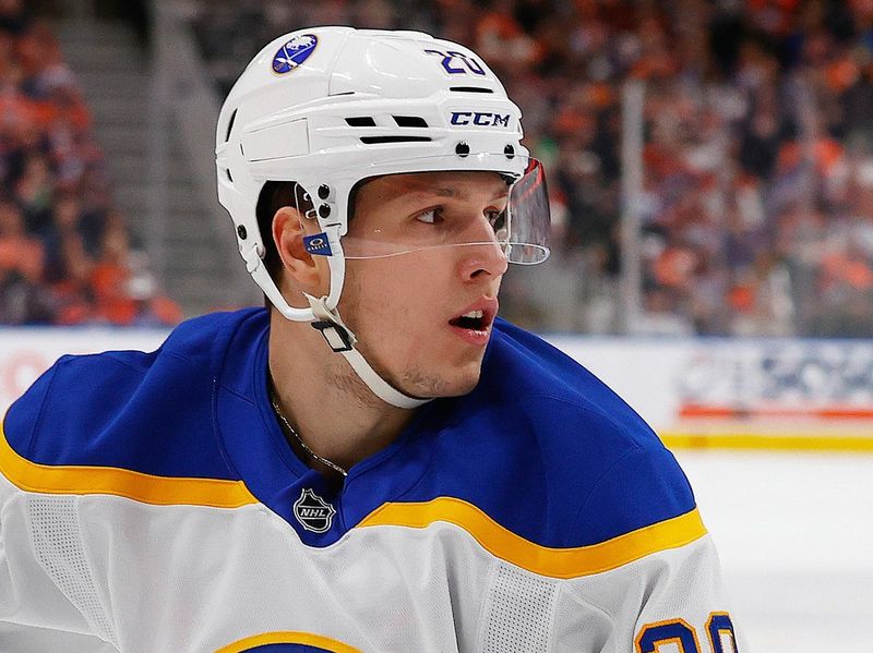 Jan 25, 2025; Edmonton, Alberta, CAN; Buffalo Sabres forward Jiri Kulich (20) follows the play against the Edmonton Oilers at Rogers Place. Mandatory Credit: Perry Nelson-Imagn Images