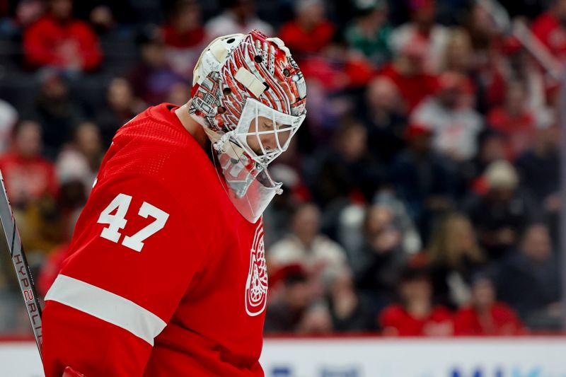 Jan 23, 2024; Detroit, Michigan, USA;  Detroit Red Wings goaltender James Reimer (47) looks down in the third period against the Dallas Stars at Little Caesars Arena. Mandatory Credit: Rick Osentoski-USA TODAY Sports