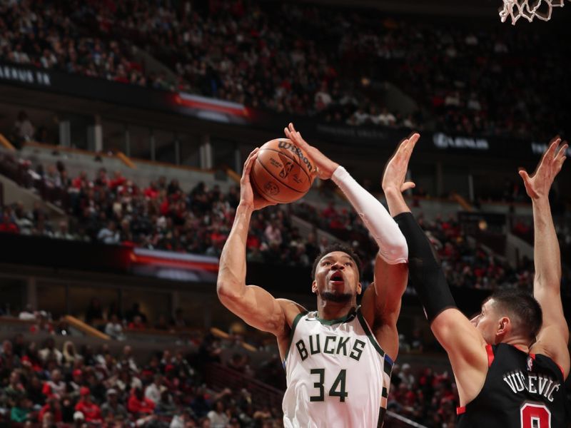 CHICAGO, IL - MARCH 1: Giannis Antetokounmpo #34 of the Milwaukee Bucks drives to the basket during the game against the Chicago Bulls on March 1, 2024 at United Center in Chicago, Illinois. NOTE TO USER: User expressly acknowledges and agrees that, by downloading and or using this photograph, User is consenting to the terms and conditions of the Getty Images License Agreement. Mandatory Copyright Notice: Copyright 2024 NBAE (Photo by Gary Dineen/NBAE via Getty Images)