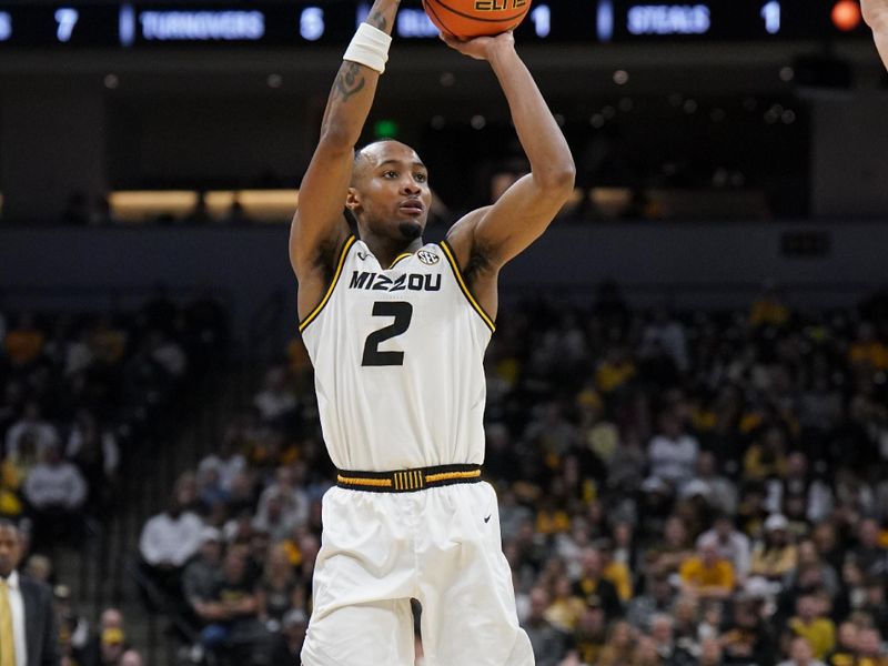 Jan 6, 2024; Columbia, Missouri, USA; Missouri Tigers guard Tamar Bates (2) shoots a three point basket against the Georgia Bulldogs during the first half at Mizzou Arena. Mandatory Credit: Denny Medley-USA TODAY Sports