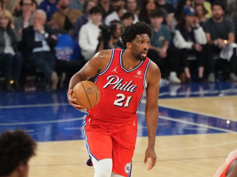 NEW YORK, NY - APRIL 20: Joel Embiid #21 of the Philadelphia 76ers dribbles the ball during the game against the New York Knicks during Round 1 Game 1 of the 2024 NBA Playoffs on April 20, 2024 at Madison Square Garden in New York City, New York.  NOTE TO USER: User expressly acknowledges and agrees that, by downloading and or using this photograph, User is consenting to the terms and conditions of the Getty Images License Agreement. Mandatory Copyright Notice: Copyright 2024 NBAE  (Photo Jesse D. Garrabrant/NBAE via Getty Images)