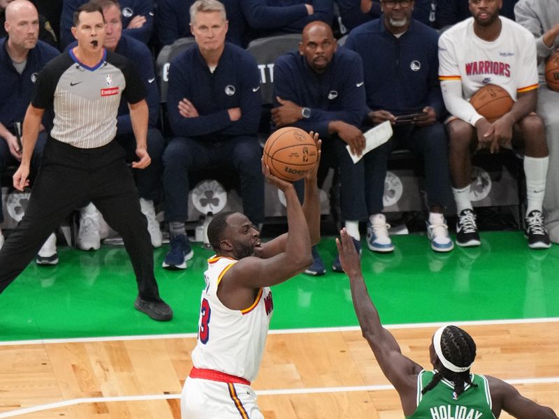 BOSTON, MA - NOVEMBER 6: Draymond Green #23 of the Golden State Warriors shoots the ball during the game against the Boston Celtics on November 6, 2024 at TD Garden in Boston, Massachusetts. NOTE TO USER: User expressly acknowledges and agrees that, by downloading and/or using this Photograph, user is consenting to the terms and conditions of the Getty Images License Agreement. Mandatory Copyright Notice: Copyright 2024 NBAE (Photo by Jesse D. Garrabrant/NBAE via Getty Images)