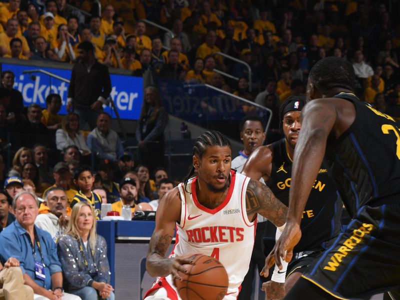 SAN FRANCISCO, CA - MAY 2: Jalen Green #4 of the Houston Rockets drives to the basket during the game against the Golden State Warriors during Round 1 Game 6 of the 2025 NBA Playoffs on May 2, 2025 at Chase Center in San Francisco, California. NOTE TO USER: User expressly acknowledges and agrees that, by downloading and or using this photograph, user is consenting to the terms and conditions of Getty Images License Agreement. Mandatory Copyright Notice: Copyright 2025 NBAE (Photo by Noah Graham/NBAE via Getty Images)