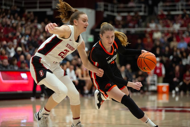 Jan 21, 2024; Stanford, California, USA; Oregon State Beavers guard Dominika Paurov   (3) attempts to drive around Stanford Cardinal guard Elena Bosgana (20) during the first quarter at Maples Pavilion. Mandatory Credit: D. Ross Cameron-USA TODAY Sports