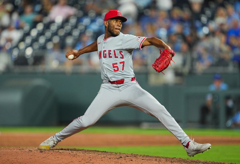 Aug 21, 2024; Kansas City, Missouri, USA; Los Angeles Angels relief pitcher Roansy Contreras (57) pitches during the eighth inning against the Kansas City Royals at Kauffman Stadium. Mandatory Credit: Jay Biggerstaff-USA TODAY Sports