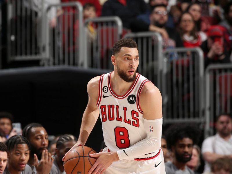 CHICAGO, IL - MARCH 15: Zach LaVine #8 of the Chicago Bulls dribbles the ball during the game against the Sacramento Kings on March 15, 2023 at United Center in Chicago, Illinois. NOTE TO USER: User expressly acknowledges and agrees that, by downloading and or using this photograph, User is consenting to the terms and conditions of the Getty Images License Agreement. Mandatory Copyright Notice: Copyright 2023 NBAE (Photo by Gary Dineen/NBAE via Getty Images)